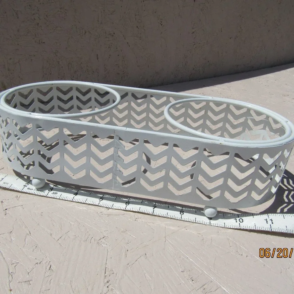 White pet food two bowl slot floor stand or counter stand.